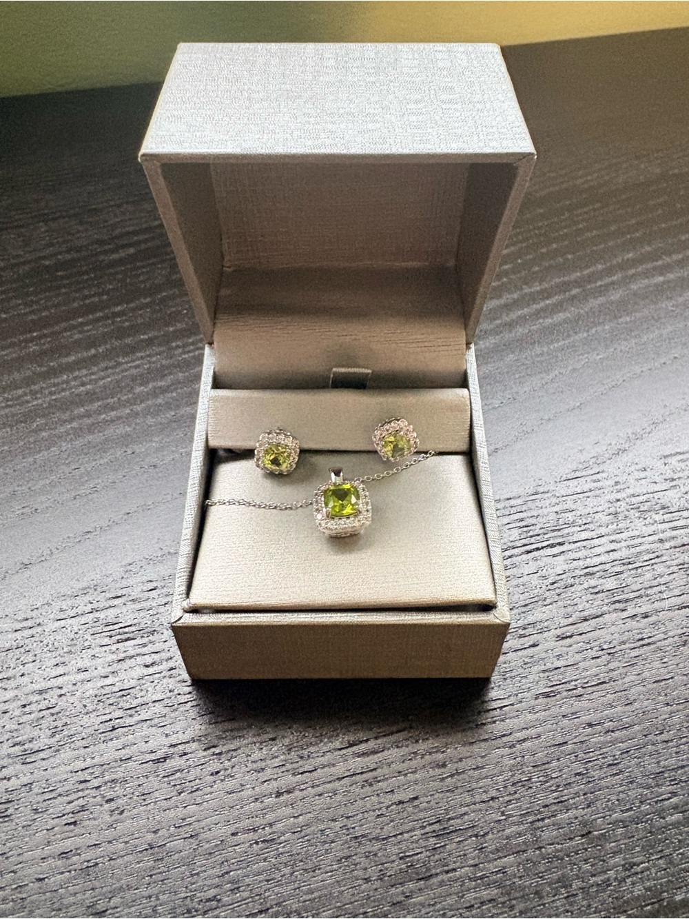 Sterling Silver Peridot Halo Necklace and Stud Earrings Set